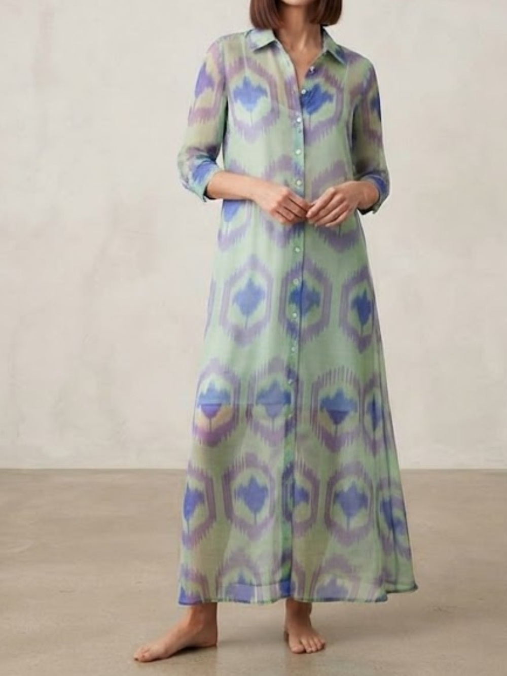 Oliphant Meko green blue Geometric Cotton Silk Tiered Maxi Skirt Dress XS